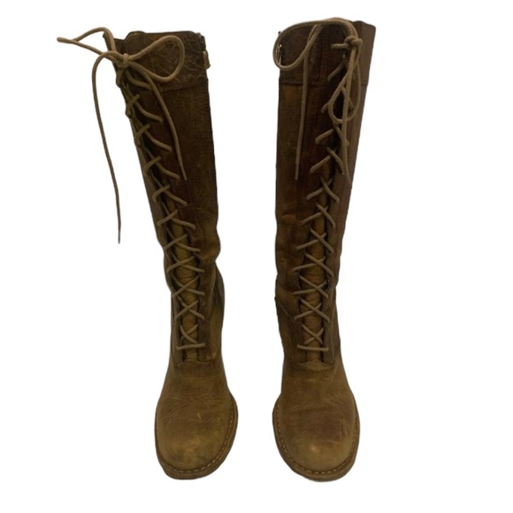 Frye Villager Lace Up Tall Boots stack heel Distressed brown Leather Siz… - Picture 2 of 11